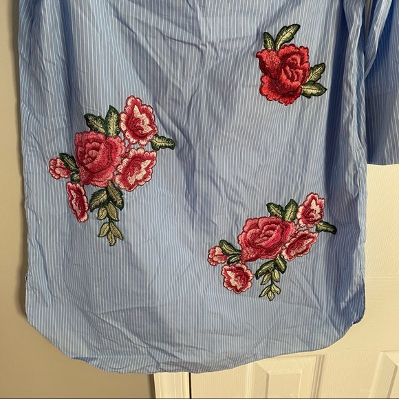 Zara Woman Off Shoulder Pinstripe Embroidered Floral Dress Tunic Medium Blue Red - Picture 3 of 14